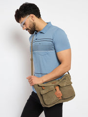 Vintage Canvas Messenger Bag, Military Style, Khaki Green with Leather Trim, Multiple Pockets