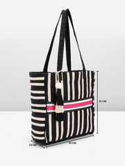 PRIMROSE Black and White Striped Canvas Tote Bag with Tassels