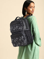 PRIMROSE Floral Pattern Backpack with Multiple Compartments, Black and White Design
