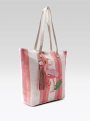 PRIMROSE Canvas Beach Tote Bag with Flamingo Design, Pink and White Stripes, Decorative Tassel