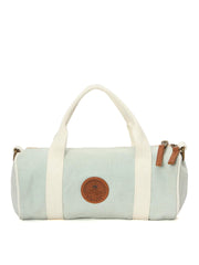 Canvas Duffle Bag, Mint Green with White Straps, Leather Accents, Cylindrical Design