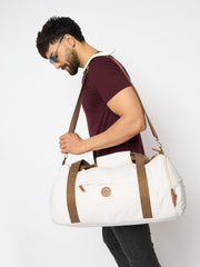 Canvas Duffle Bag with Contrast Straps, White and Brown, Large Gym Travel Shoulder Bag