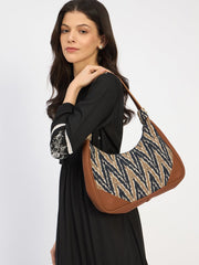 RIMROCK Chevron Pattern Hobo Handbag, Brown Pu Trim, Navy and Beige Canvas