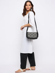 PRIMROSE Geometric Pattern Shoulder Bag with Fringe Detailing, Black and White
