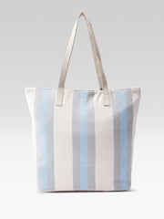 PRIMROSE Embroidered Crab Beach Tote Bag, Blue and White Striped Canvas, Tassel Detail