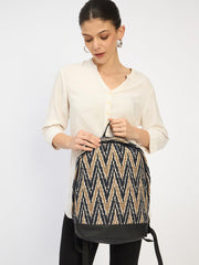 RIMROCK Chevron Pattern Canvas Backpack, Black and Beige Zigzag Design, Leather Bottom Trim