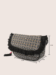 PRIMROSE Boho Chic Fringed Cross-Body Bag with Aztec Pattern Black and Beige