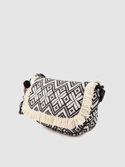 PRIMROSE Fringed Boho Crossbody Bag with Tassels Black and White Diamond Pattern