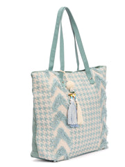 RIMROCK Decorative Canvas Tote Bag with Houndstooth Pattern, Mint Blue and Cream, Tassel Charm