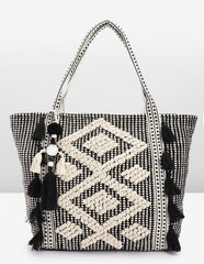PRIMROSE Women's Handcrafted Crochet Tote Bag with Tassel Accents Black and White Geometric Pattern