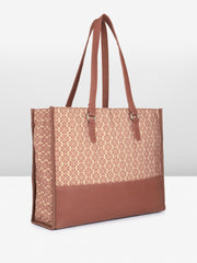 PRIMROSE Floral Pattern Canvas Tote Bag, Brown Polyurethane Trim, Double Handle Shoulder Straps