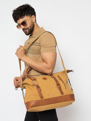Canvas Leather Weekender Bag, Vintage Travel Duffle with Shoulder Strap, Tan