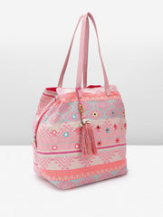 PRIMROSE Boho Beach Tote Bag, Pink Geometric Pattern with Mirror Embellishments, Tassel Charm