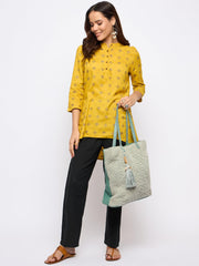 PRIMROSE Handwoven Crochet Tote Bag with Tassel Charm, Grey and Mint Green