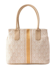 Ladies Jacquard Tote Bag with Gold Stripe, Beige and White Pattern, Double Handle