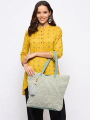 PRIMROSE Handwoven Crochet Tote Bag with Tassel Charm, Grey and Mint Green