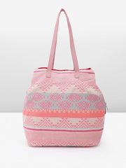 PRIMROSE Boho Beach Tote Bag, Pink Geometric Pattern with Mirror Embellishments, Tassel Charm