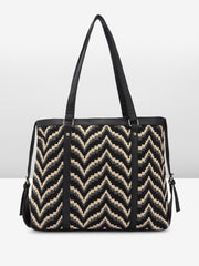 PRIMROSE Black and Beige Zig-Zag Patterned Tote Bag for Women