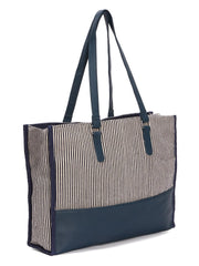 PRIMROSE Striped Canvas Tote Bag with Navy Leather Trim, Large Shoulder Straps, Black and White