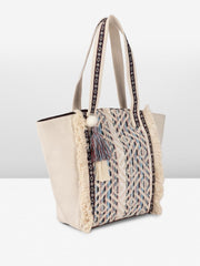 PRIMROSE Bohemian Canvas Tote Bag, Geometric Pattern, Fringe Tassel Detail, Cream and Blue
