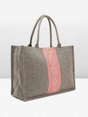 PRIMROSE Woven Tote Bag with Embroidered Pattern, Black and Pink