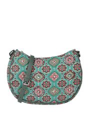 PRIMROSE Floral Pattern Crossbody Handbag, Turquoise with Pink Medallion Print, Adjustable Strap