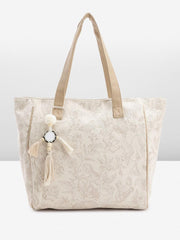 PRIMROSE Beige Tote Bag with Tassel Accent