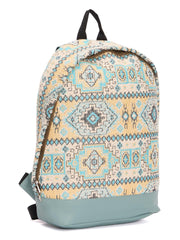 PRIMROSE Bohemian Canvas Backpack, Aztec Pattern Design, Blue and Beige with Grey Base