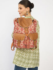 Vintage Canvas Backpack, Floral Pattern with Brown Pu Trim, Double Front Pockets, Pink and Beige