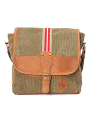 Canvas Messenger Bag with Leather Trim, Olive Green with Red Stripe, Vintage Style Shoulder Bag