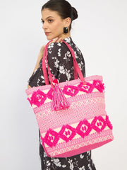 RIMROCK Bohemian Beach Tote Bag, Pink and White Geometric Pattern, Tassel Accent, Large Canvas Shoulder Bag