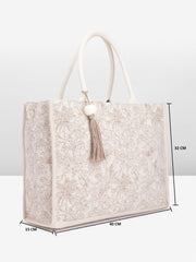 PRIMROSE Women's Beige Floral Embroidered Tote Bag with Tassel