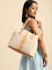 PRIMROSE Ladies Jacquard Tote Bag with Gold Stripe, Beige and White Pattern, Double Handle