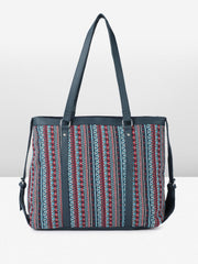 PRIMROSE Boho Tribal Print Tote Bag, Navy Blue with Red and Turquoise Pattern, Double Shoulder Straps
