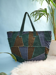 RIMROCK Patchwork Canvas Tote Bag, Large Casual Shoulder Bag, Green Brown Grey