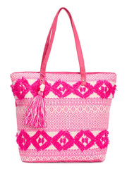 RIMROCK Bohemian Beach Tote Bag, Pink and White Geometric Pattern, Tassel Accent, Large Canvas Shoulder Bag