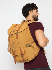 Vintage Canvas Backpack, Large Capacity Rucksack with Leather Straps, Tan Brown For Men's