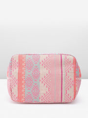 PRIMROSE Boho Beach Tote Bag, Pink Geometric Pattern with Mirror Embellishments, Tassel Charm