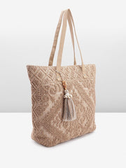 PRIMROSE Beige Woven Tote Bag with Tassels for Women