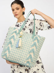RIMROCK Decorative Canvas Tote Bag with Houndstooth Pattern, Mint Blue and Cream, Tassel Charm