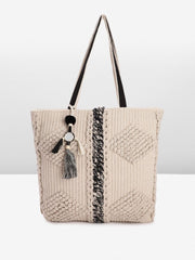 PRIMROSE Handcrafted Beige Cable Knit Tote Bag with Tassels and Scarf Accent
