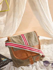 Canvas Messenger Bag with Leather Trim, Olive Green with Red Stripe, Vintage Style Shoulder Bag