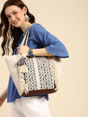 PRIMROSE Bohemian Canvas Tote Bag, Geometric Pattern, Fringe Tassel Detail, Cream and Blue