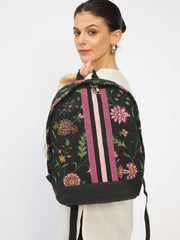PRIMROSE Floral Print Backpack with Pink Stripes, Black Canvas, Decorative Pattern