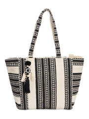 RIMROCK Boho Canvas Tote Bag with Tassel, Black and White Geometric Pattern, Large Shoulder Bag