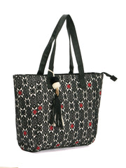 RIMROCK Geometric Print Tote Bag with Tassel, Black and White Pattern, Red Accents, Large Shoulder Straps