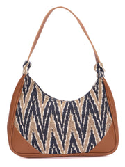 RIMROCK Chevron Pattern Hobo Handbag, Brown Pu Trim, Navy and Beige Canvas
