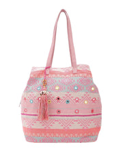 PRIMROSE Boho Beach Tote Bag, Pink Geometric Pattern with Mirror Embellishments, Tassel Charm