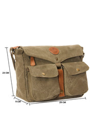 Vintage Canvas Messenger Bag, Military Style, Khaki Green with Leather Trim, Multiple Pockets