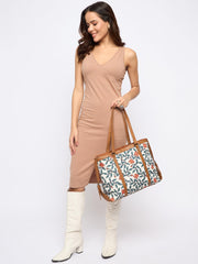 PRIMROSE Women's Floral Print Tote Bag with Tan PU Trim,